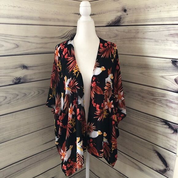 Forever 21 Black Tropical Bird Leaf Print Kimono Cover Up Size Small - Picture 1 of 5
